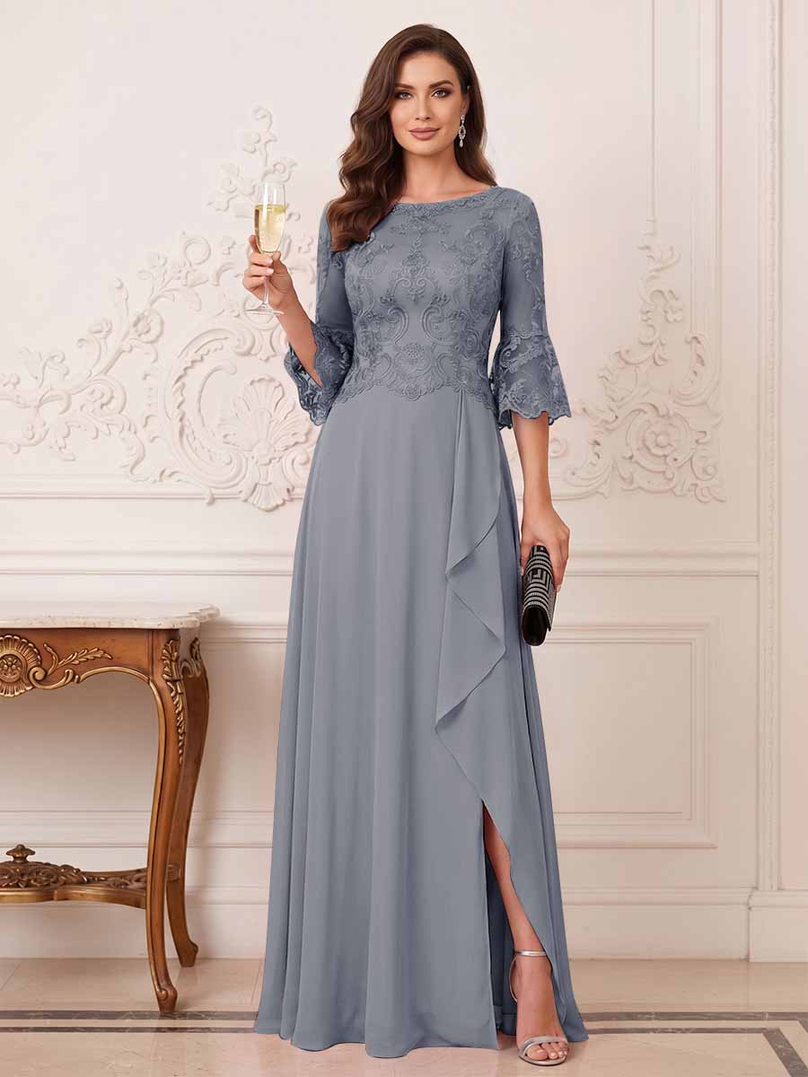 A-Line/Princess Half Sleeves Crew Neck Floor Length Mother of the Bride Dresses with Split Side &amp; Appliques