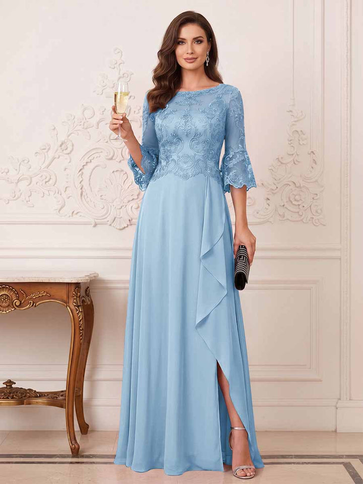 A-Line/Princess Half Sleeves Crew Neck Floor Length Mother of the Bride Dresses with Split Side &amp; Appliques