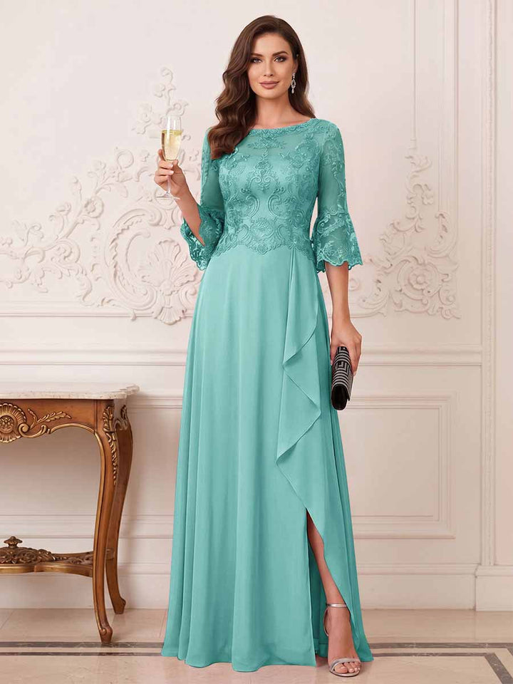 A-Line/Princess Half Sleeves Crew Neck Floor Length Mother of the Bride Dresses with Split Side &amp; Appliques