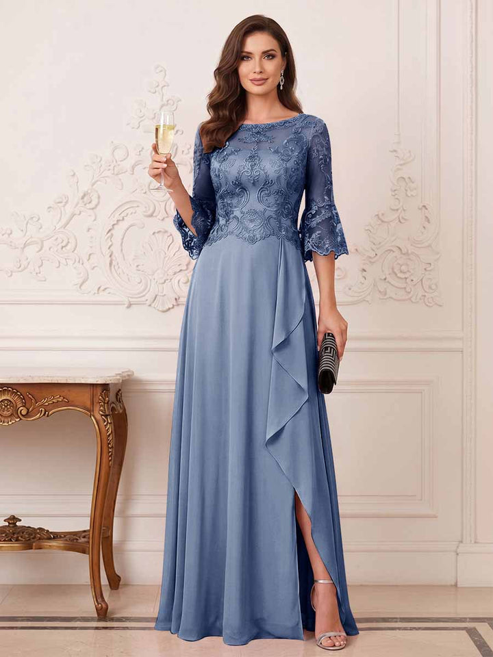 A-Line/Princess Half Sleeves Crew Neck Floor Length Mother of the Bride Dresses with Split Side &amp; Appliques