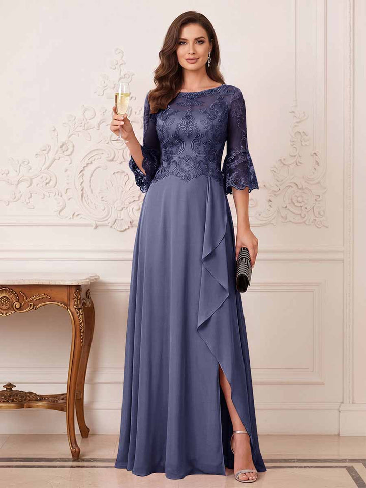 A-Line/Princess Half Sleeves Crew Neck Floor Length Mother of the Bride Dresses with Split Side &amp; Appliques