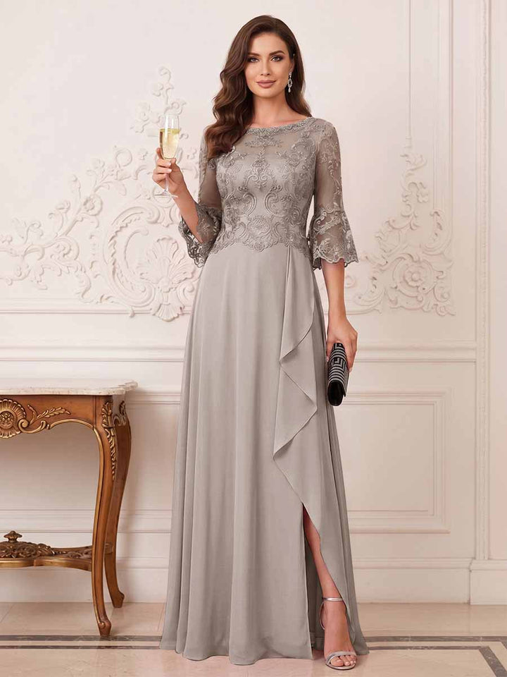 A-Line/Princess Half Sleeves Crew Neck Floor Length Mother of the Bride Dresses with Split Side &amp; Appliques