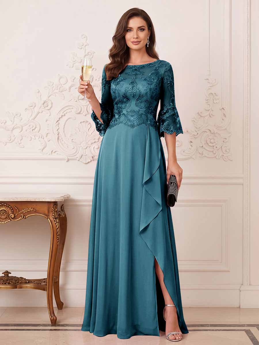 A-Line/Princess Half Sleeves Crew Neck Floor Length Mother of the Bride Dresses with Split Side &amp; Appliques