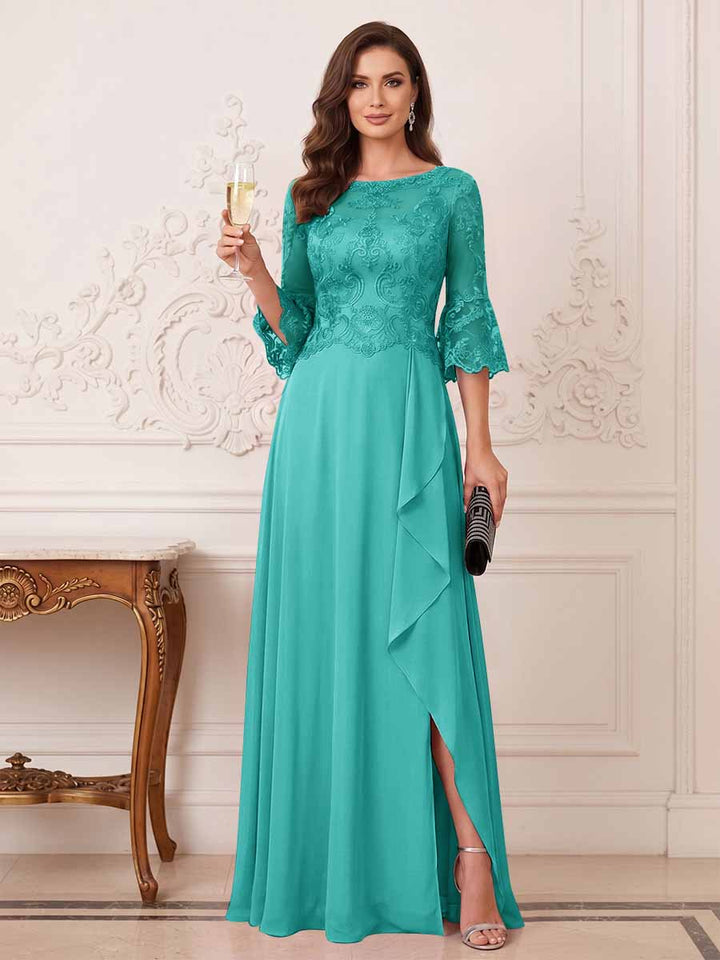 A-Line/Princess Half Sleeves Crew Neck Floor Length Mother of the Bride Dresses with Split Side &amp; Appliques