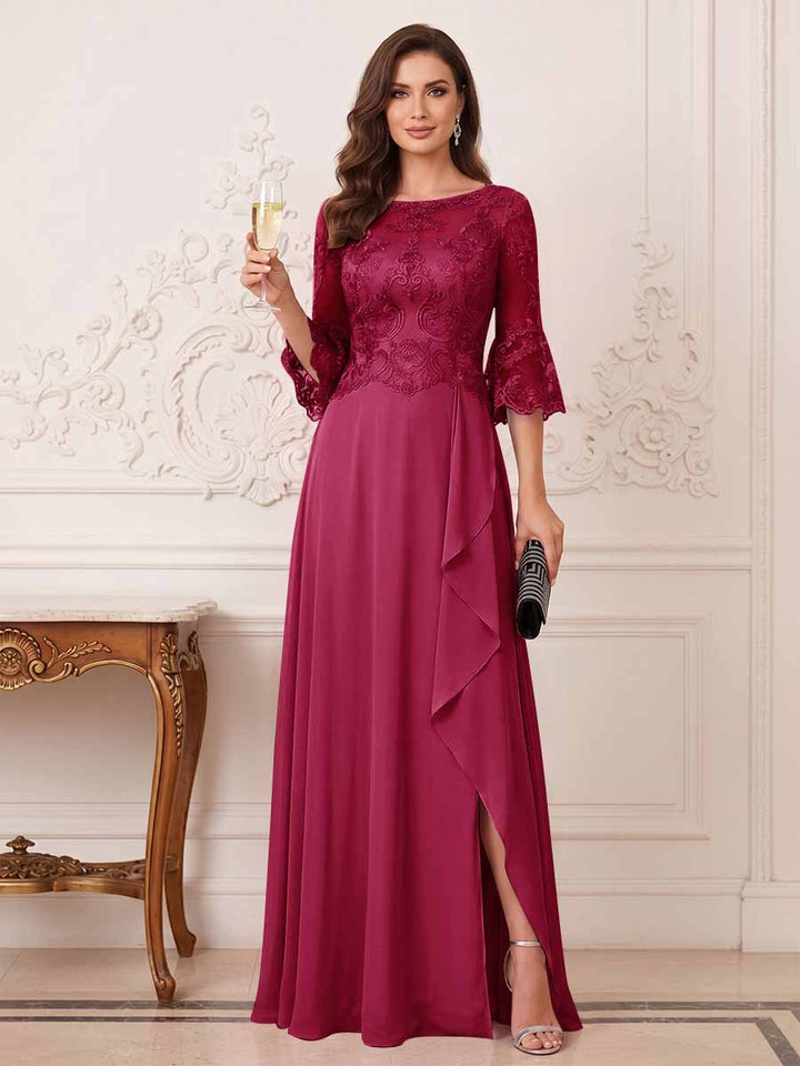 A-Line/Princess Half Sleeves Crew Neck Floor Length Mother of the Bride Dresses with Split Side &amp; Appliques