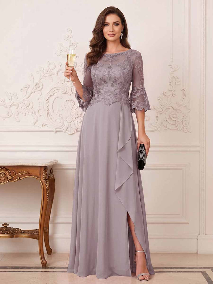 A-Line/Princess Half Sleeves Crew Neck Floor Length Mother of the Bride Dresses with Split Side &amp; Appliques