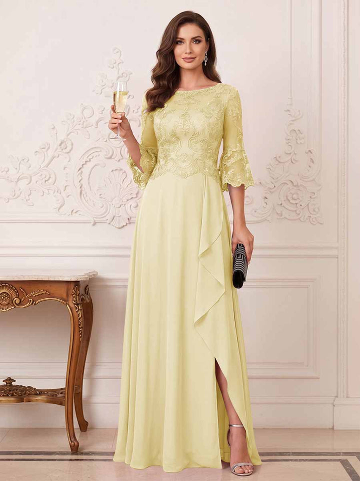 A-Line/Princess Half Sleeves Crew Neck Floor Length Mother of the Bride Dresses with Split Side &amp; Appliques
