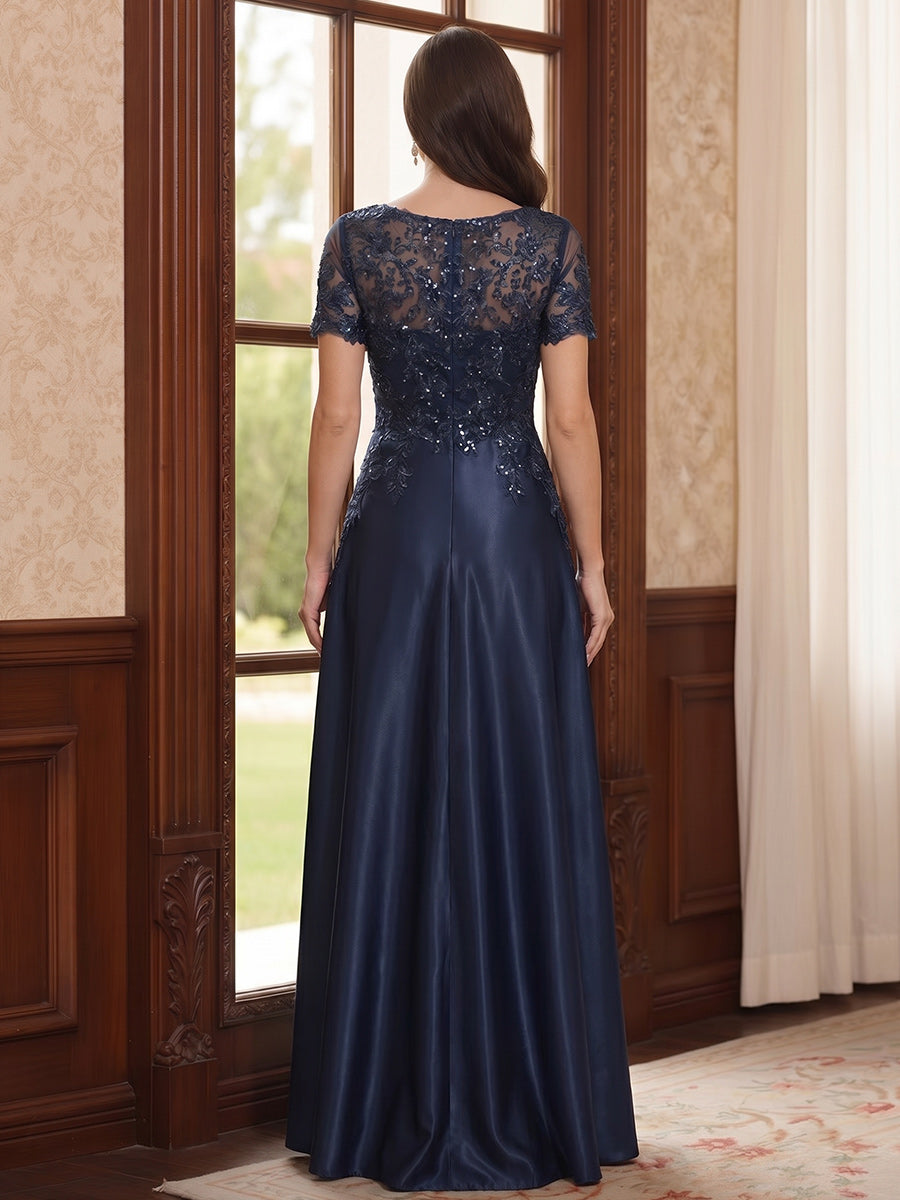 A-Line/Princess Short Sleeves V-neck Floor-Length Mother of the Bride Dresses with Pockets &amp; Lace