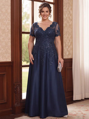 A-Line/Princess Short Sleeves V-neck Floor-Length Plus Size Mother of the Bride Dresses with Pockets & Lace