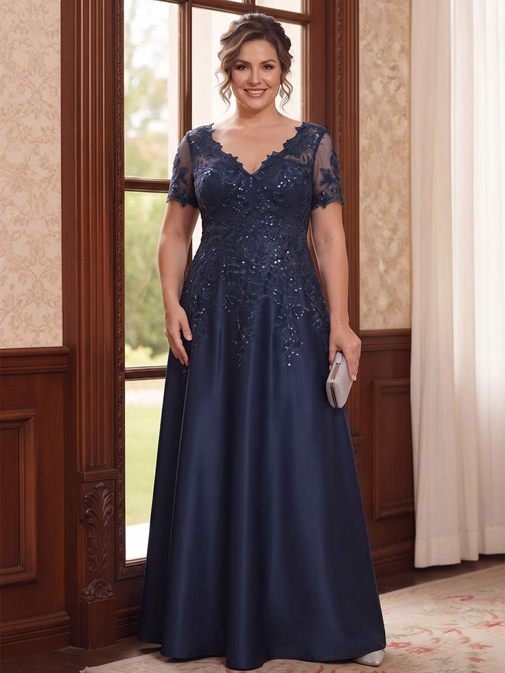A-Line/Princess Short Sleeves V-neck Floor-Length Plus Size Mother of the Bride Dresses with Pockets &amp; Lace