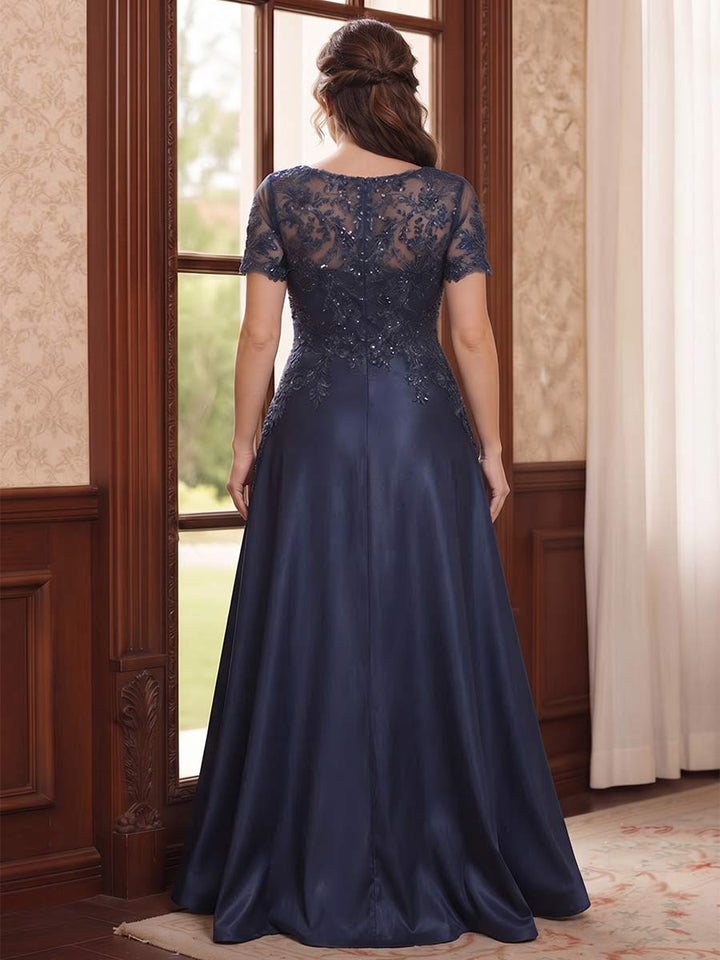 A-Line/Princess Short Sleeves V-neck Floor-Length Plus Size Mother of the Bride Dresses with Pockets &amp; Lace
