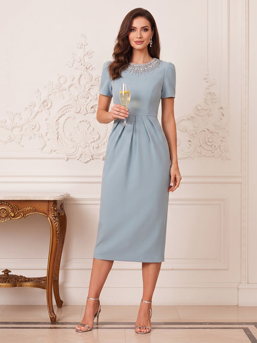 Sheath Column Scoop Short Sleeves Tea-Length Mother of the Bride Dresses with Rhinestone