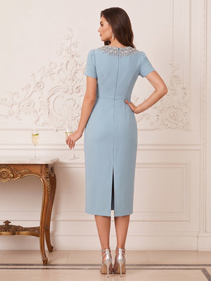 Sheath Column Scoop Short Sleeves Tea-Length Mother of the Bride Dresses with Rhinestone