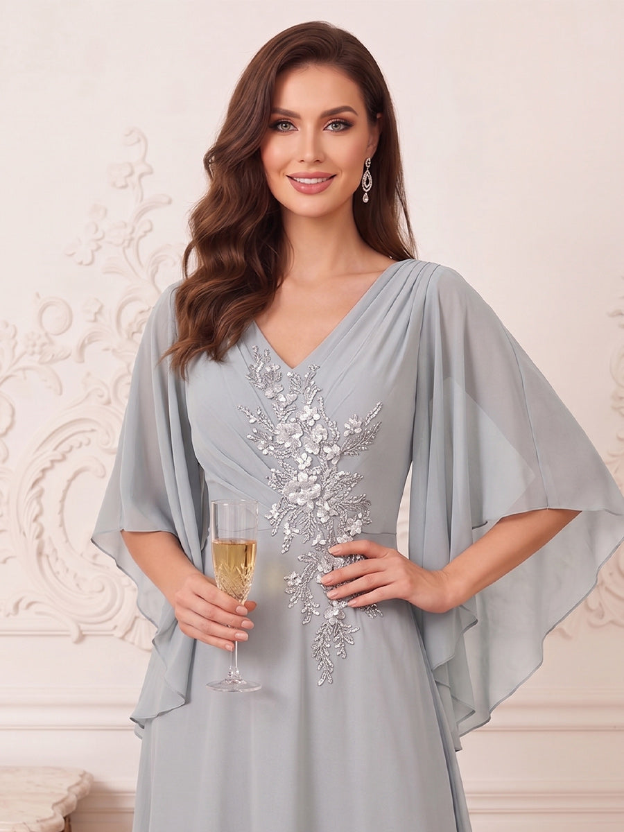 A-Line/Princess V-Neck Half Sleeves Floor-Length Mother of the Bride Dresses with Appliques &amp; Lace