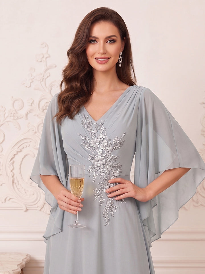 A-Line/Princess V-Neck Half Sleeves Floor-Length Mother of the Bride Dresses with Appliques &amp; Lace