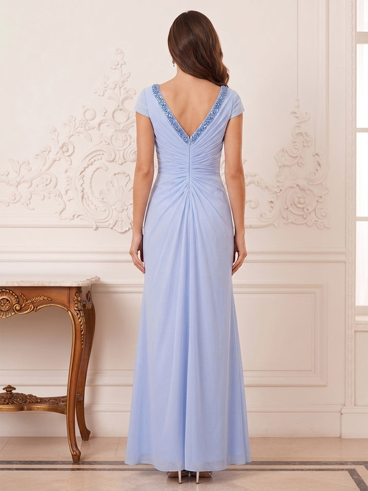 Sheath Column V-neck Short Sleeves Floor-Length Mother of the Bride Dresses with Appliques &amp; Lace