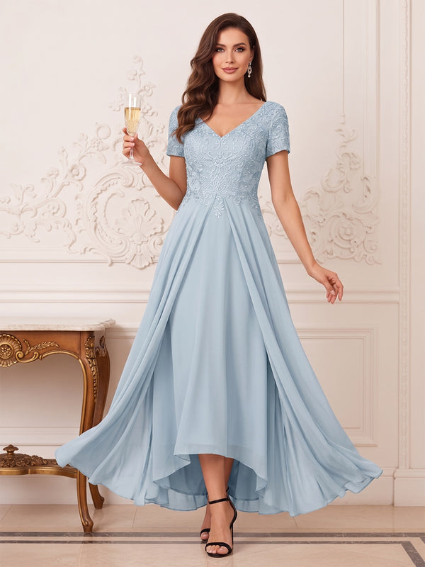 A-Line/Princess V-Neck Short Sleeves Tea Length Mother of the Bride Dresses with Pleats & Appliques