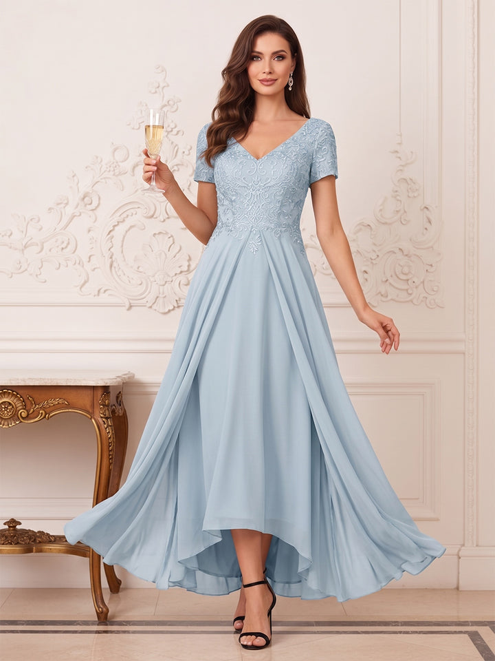 A-Line/Princess V-Neck Short Sleeves Tea Length Mother of the Bride Dresses with Pleats &amp; Appliques