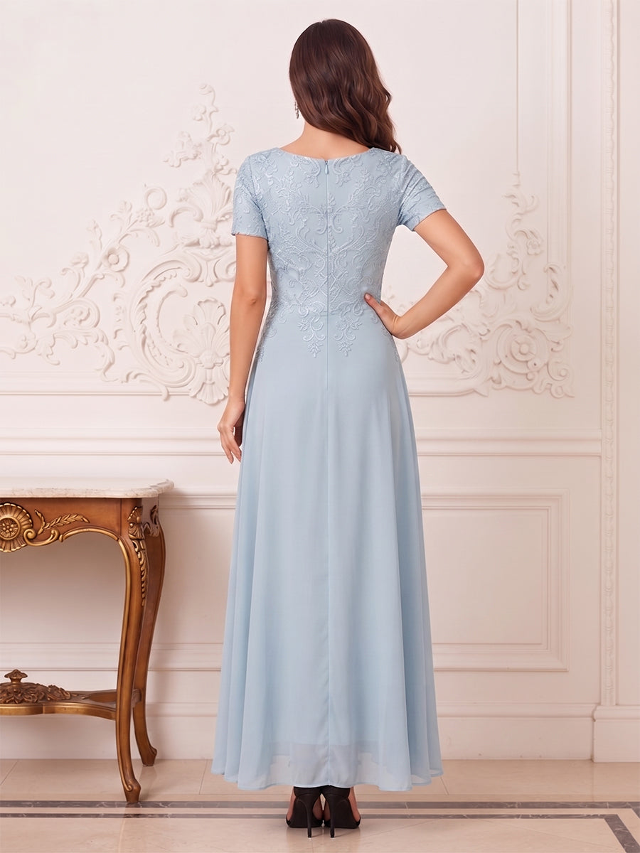 A-Line/Princess V-Neck Short Sleeves Tea Length Mother of the Bride Dresses with Pleats &amp; Appliques