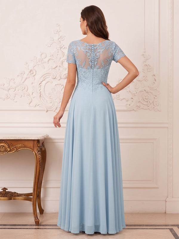 A-Line/Princess V-Neck Short Sleeves Tea Length Mother of the Bride Dresses with Pleats & Appliques