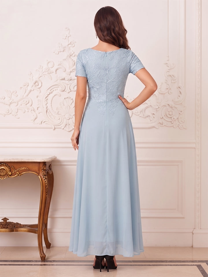 A-Line/Princess V-Neck Short Sleeves Tea Length Mother of the Bride Dresses with Pleats &amp; Appliques
