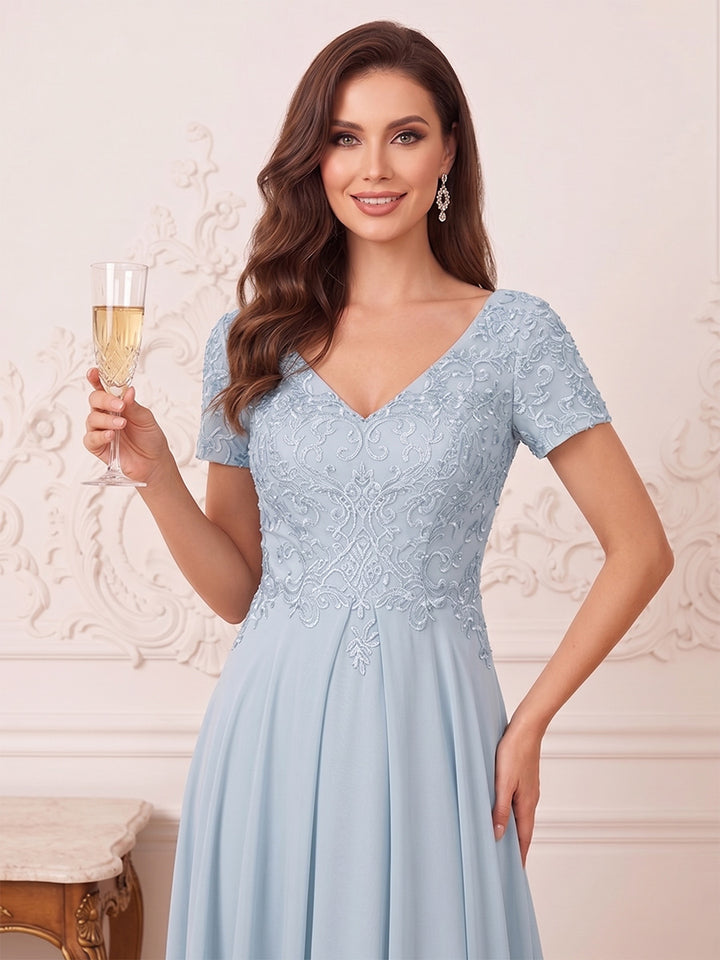 A-Line/Princess V-Neck Short Sleeves Tea Length Mother of the Bride Dresses with Pleats &amp; Appliques