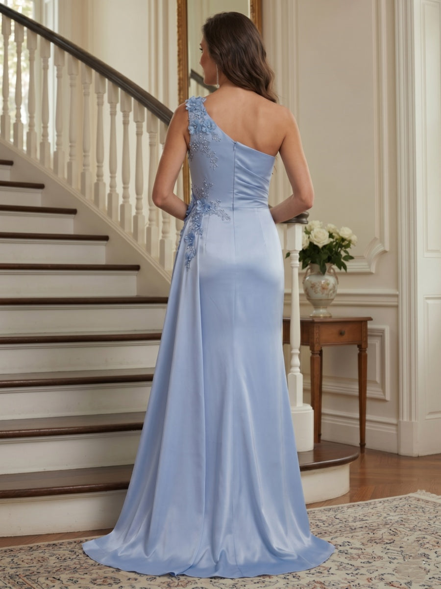Trumpet/Mermaid One Shoulder Sleeveless Floor-Length Mother of the Bride Dresses with 3D Floral &amp; Split Side