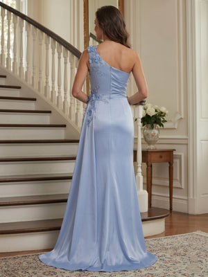 Trumpet/Mermaid One Shoulder Sleeveless Floor-Length Mother of the Bride Dresses with 3D Floral & Split Side