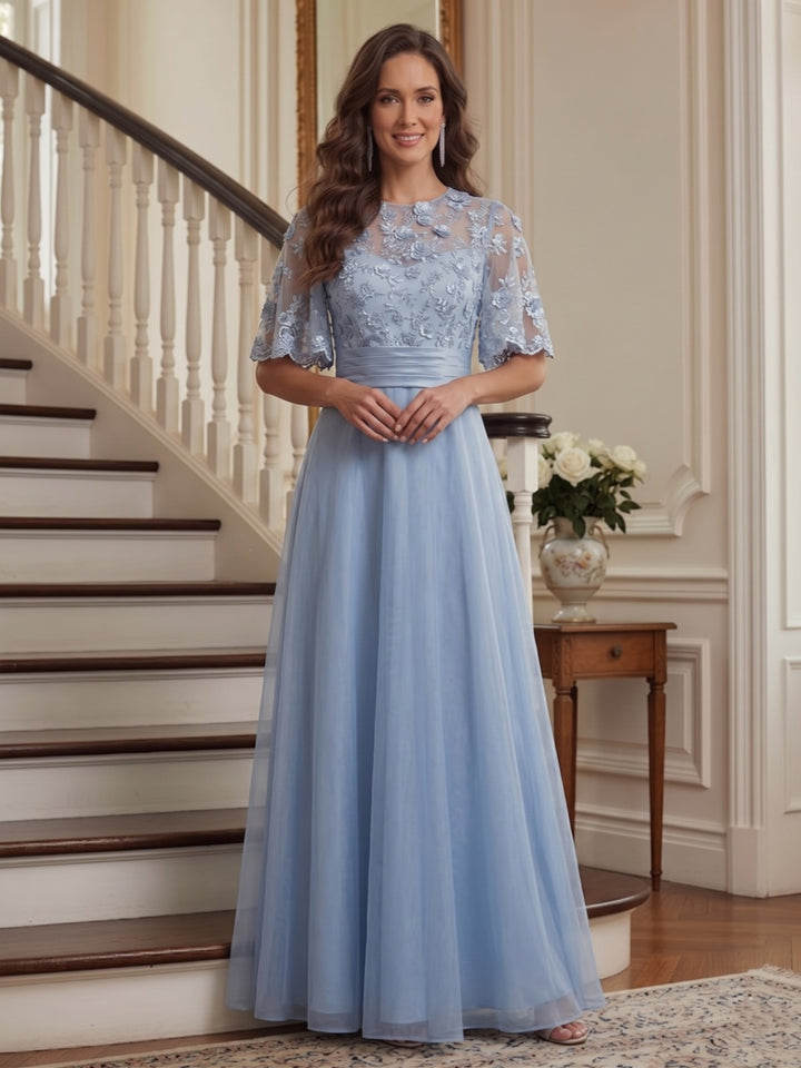 A-Line/Princess Round Neck Half Sleeves Floor-length Mother of the Bride Dresses with Applique