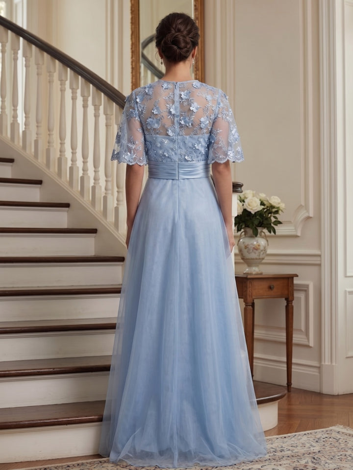 A-Line/Princess Round Neck Half Sleeves Floor-length Mother of the Bride Dresses with Applique