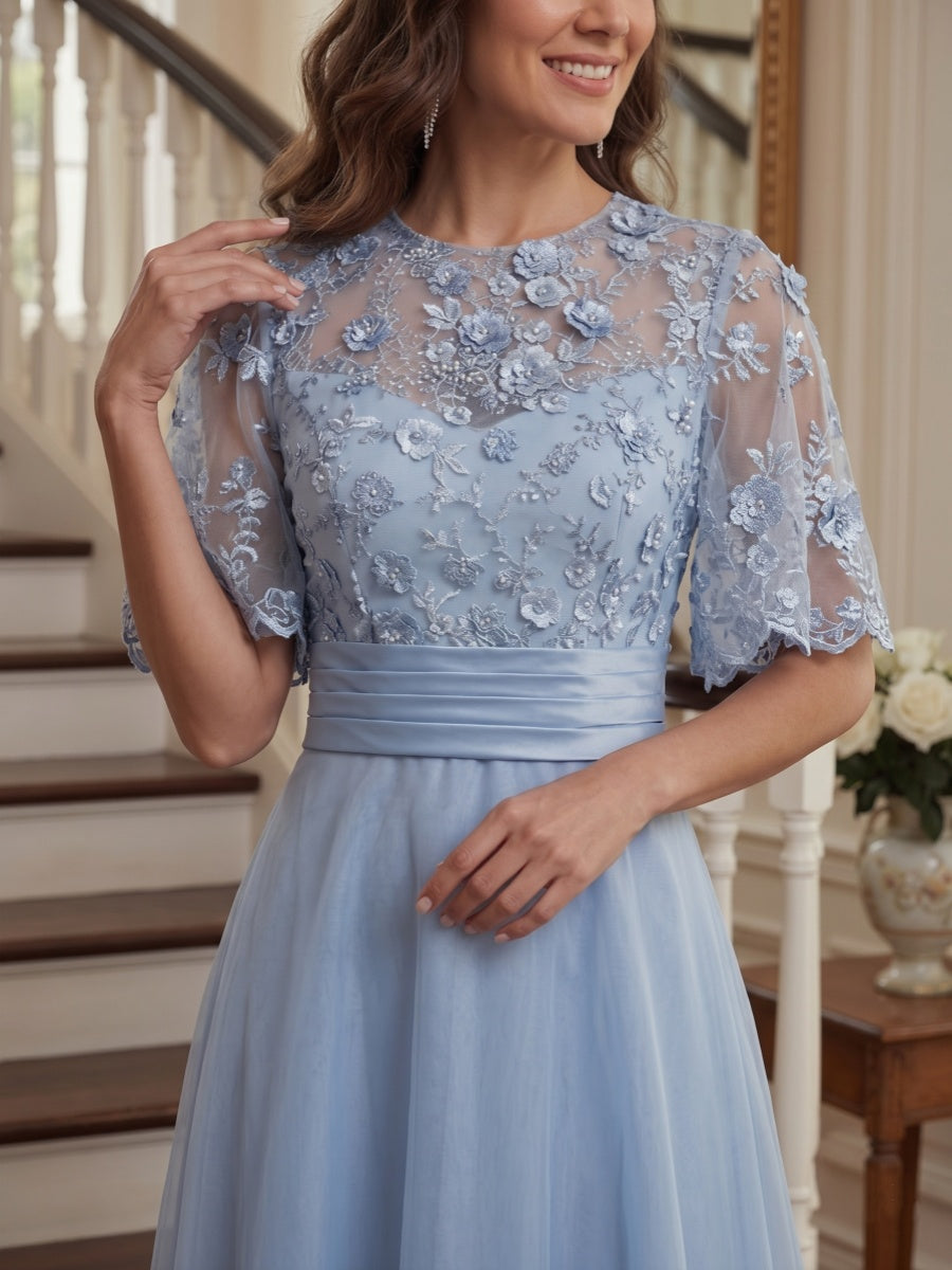 A-Line/Princess Round Neck Half Sleeves Floor-length Mother of the Bride Dresses with Applique