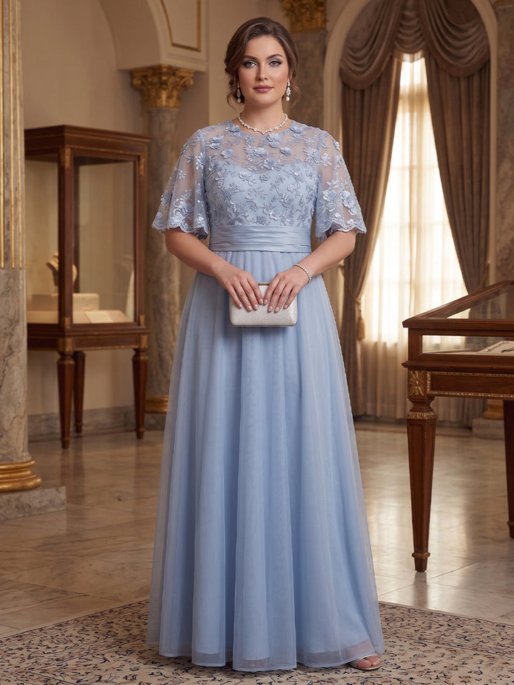 A-Line/Princess Round Neck Half Sleeves Floor-length Plus Size Mother of the Bride Dresses with Applique