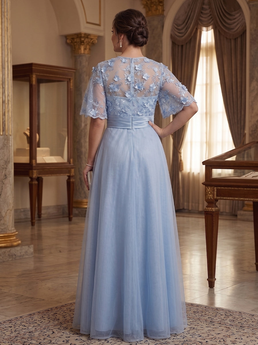 A-Line/Princess Round Neck Half Sleeves Floor-length Plus Size Mother of the Bride Dresses with Applique