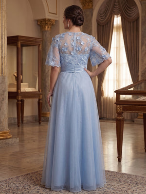 A-Line/Princess Round Neck Half Sleeves Floor-length Plus Size Mother of the Bride Dresses with Applique