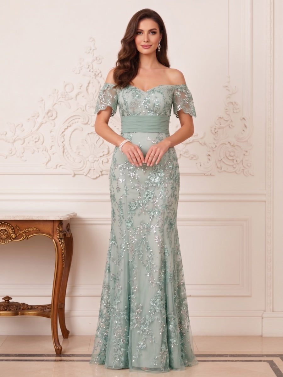 Trumpet/Mermaid Off the Shoulder Short Sleeves Floor-Length Mother of the Bride Dresses with Applique &amp; Sash