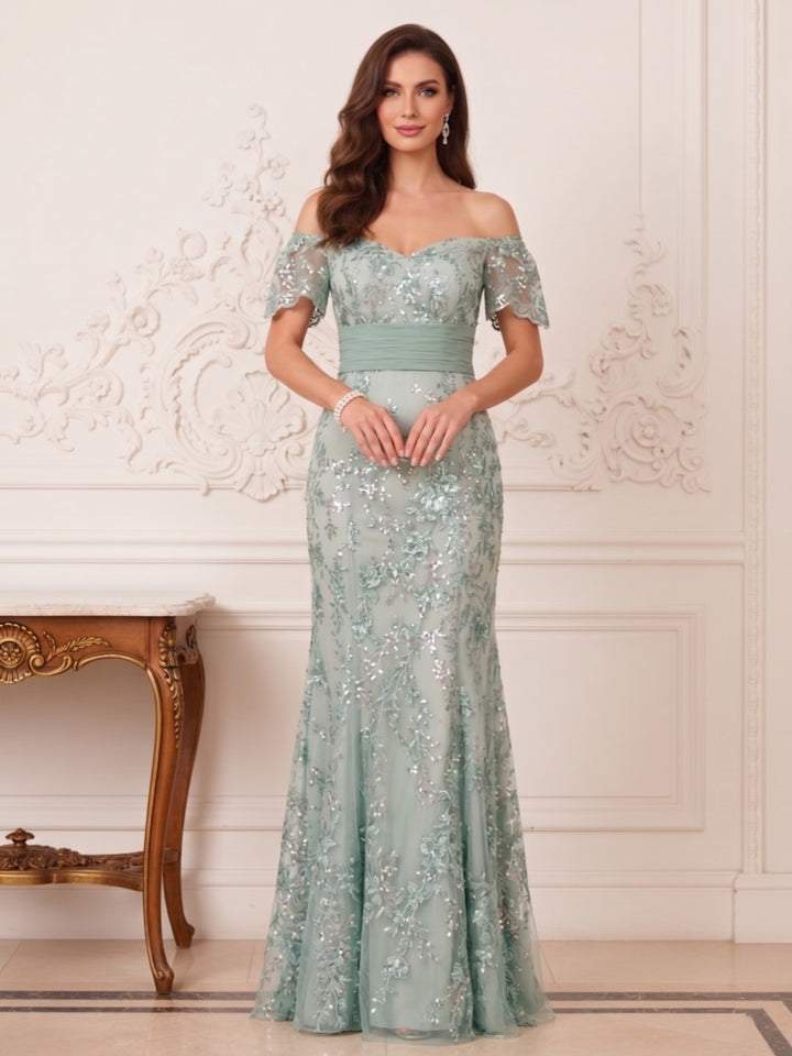 Trumpet/Mermaid Off the Shoulder Short Sleeves Floor-Length Mother of the Bride Dresses with Applique &amp; Sash