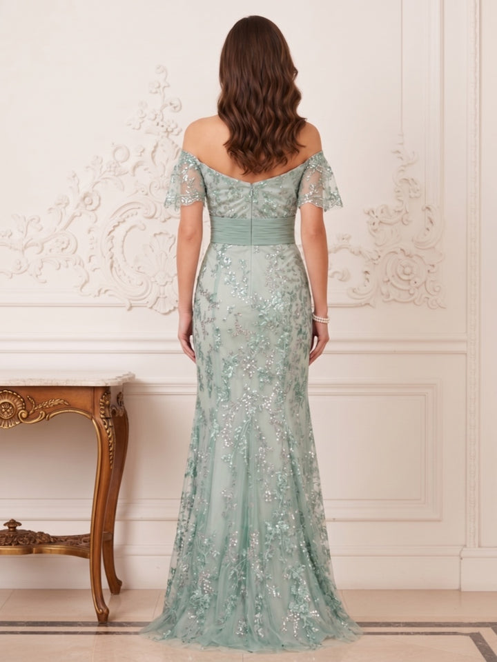 Trumpet/Mermaid Off the Shoulder Short Sleeves Floor-Length Mother of the Bride Dresses with Applique &amp; Sash