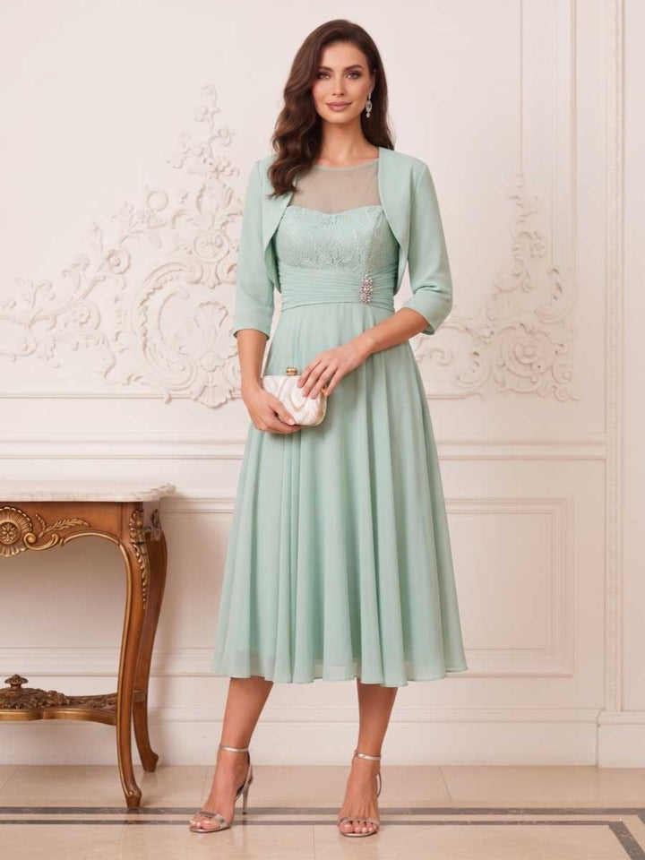 A-Line/Princess Illusion Neck 3/4 Sleeves Tea-Length Mother of the Bride Dresses with Pleats &amp; Beading