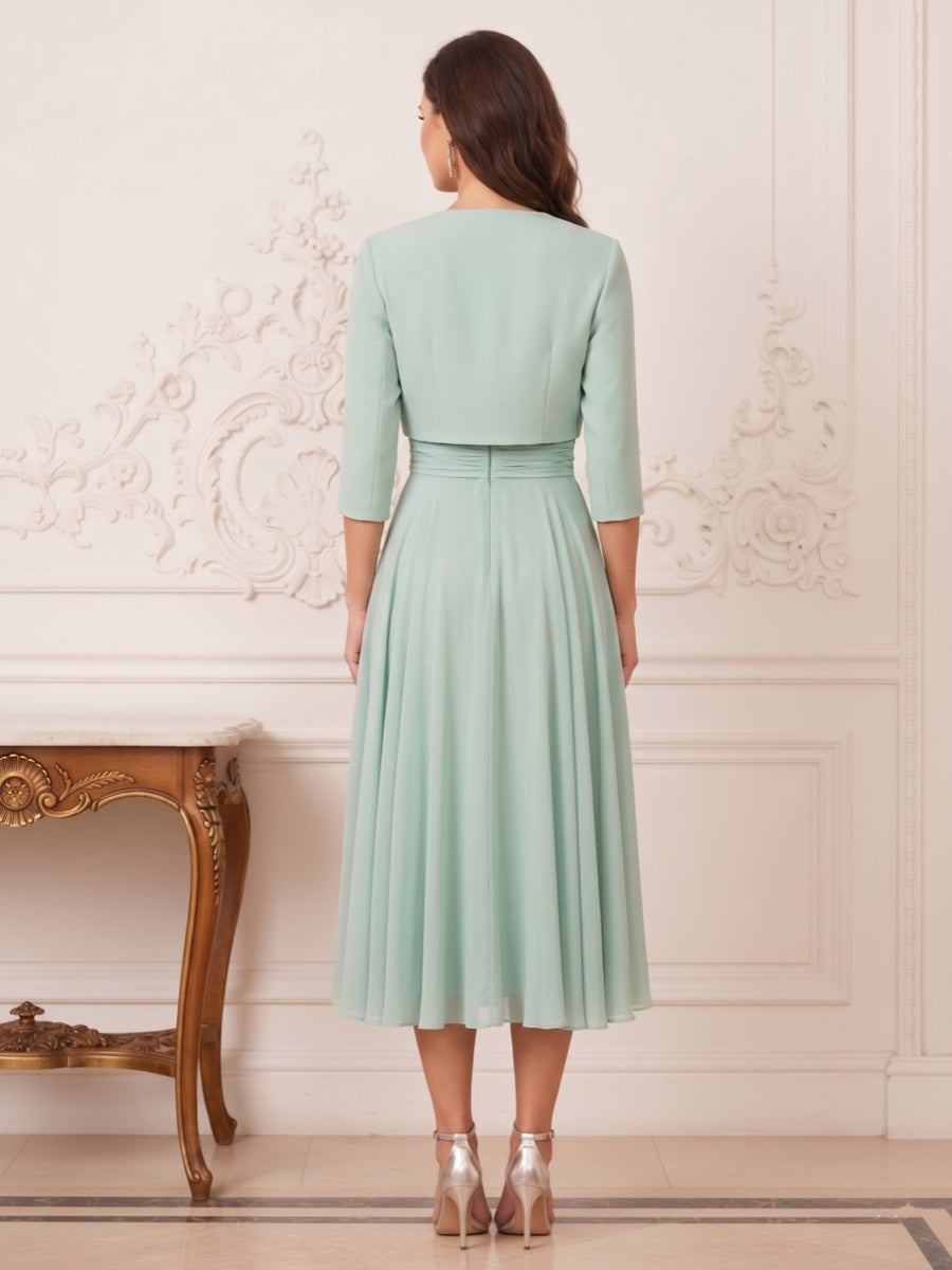 A-Line/Princess Illusion Neck 3/4 Sleeves Tea-Length Mother of the Bride Dresses with Pleats &amp; Beading