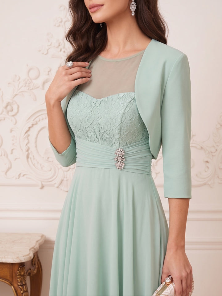 A-Line/Princess Illusion Neck 3/4 Sleeves Tea-Length Mother of the Bride Dresses with Pleats &amp; Beading
