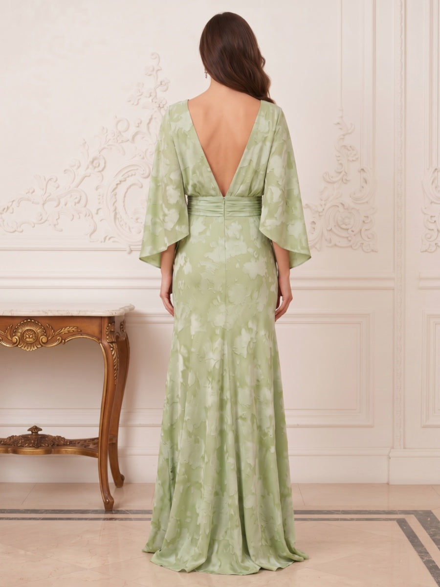Sheath Column Boat Neck 3/4 Sleeves Floor-Length Mother of the Bride Dresses with Ruched