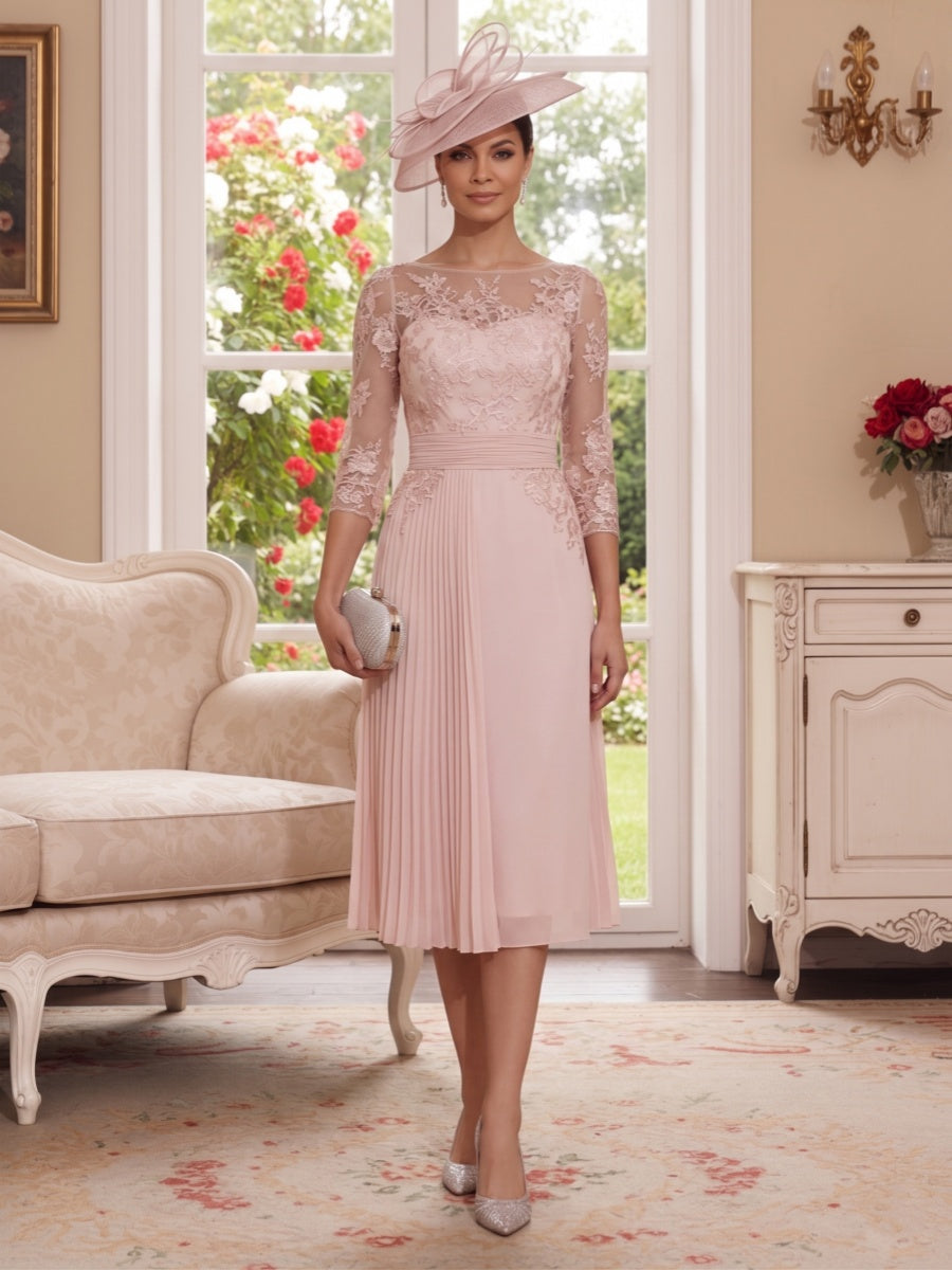 Lavetir Sheath Column Illusion Neck 3/4 Sleeves Knee-Length Mother of the Bride Dresses with Applique & Lace 2026