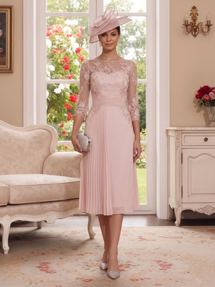Sheath Column Illusion Neck 3/4 Sleeves Knee-Length Mother of the Bride Dresses with Applique &amp; Lace