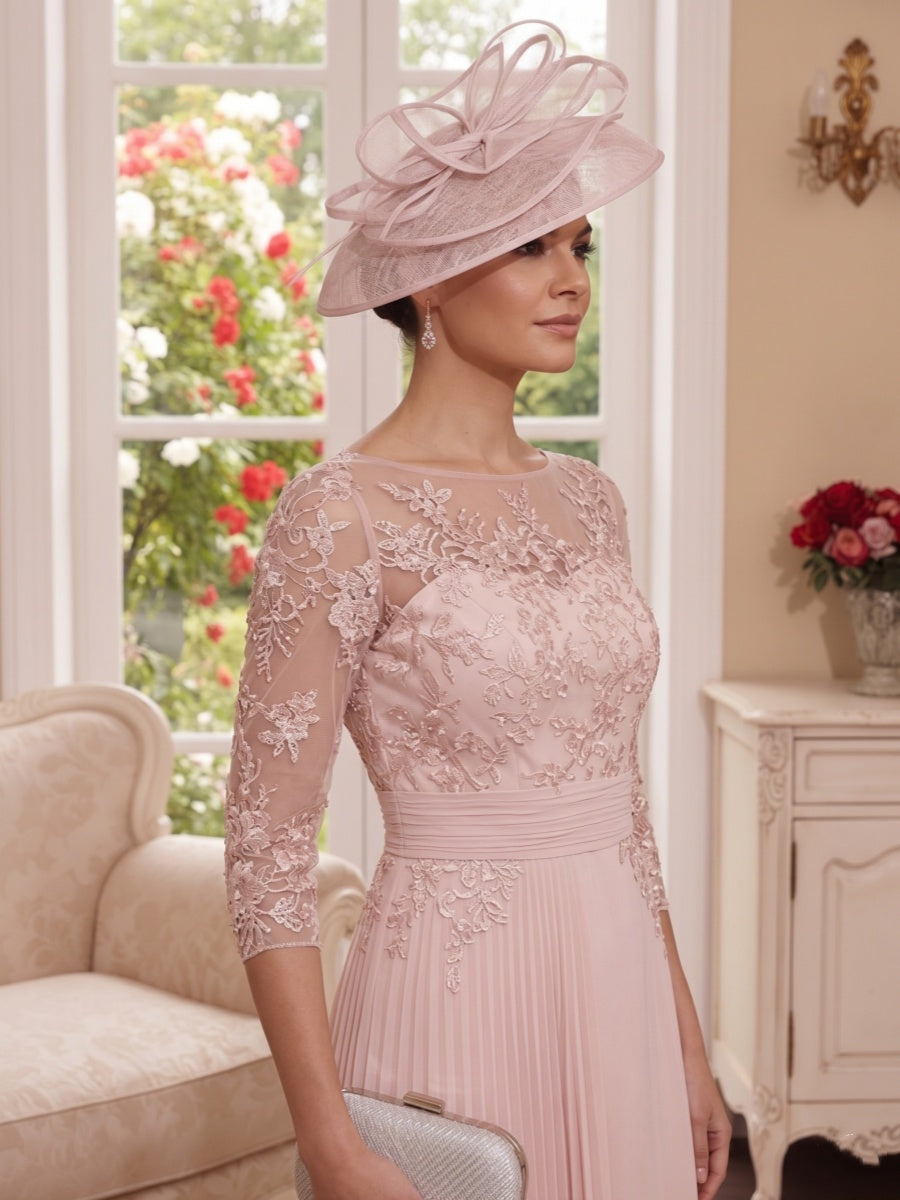 Sheath Column Illusion Neck 3/4 Sleeves Knee-Length Mother of the Bride Dresses with Applique &amp; Lace