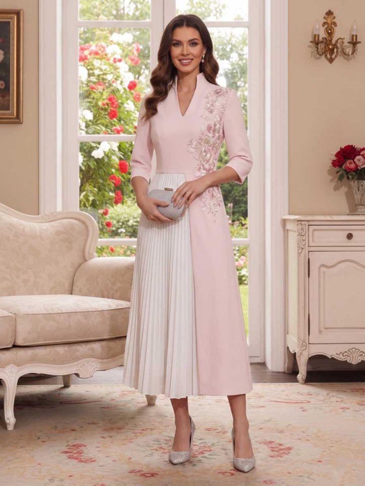 A-Line/Princess V-Neck Half Sleeves Tea-Length Mother of the Bride Dresses with Applique &amp; Pleats
