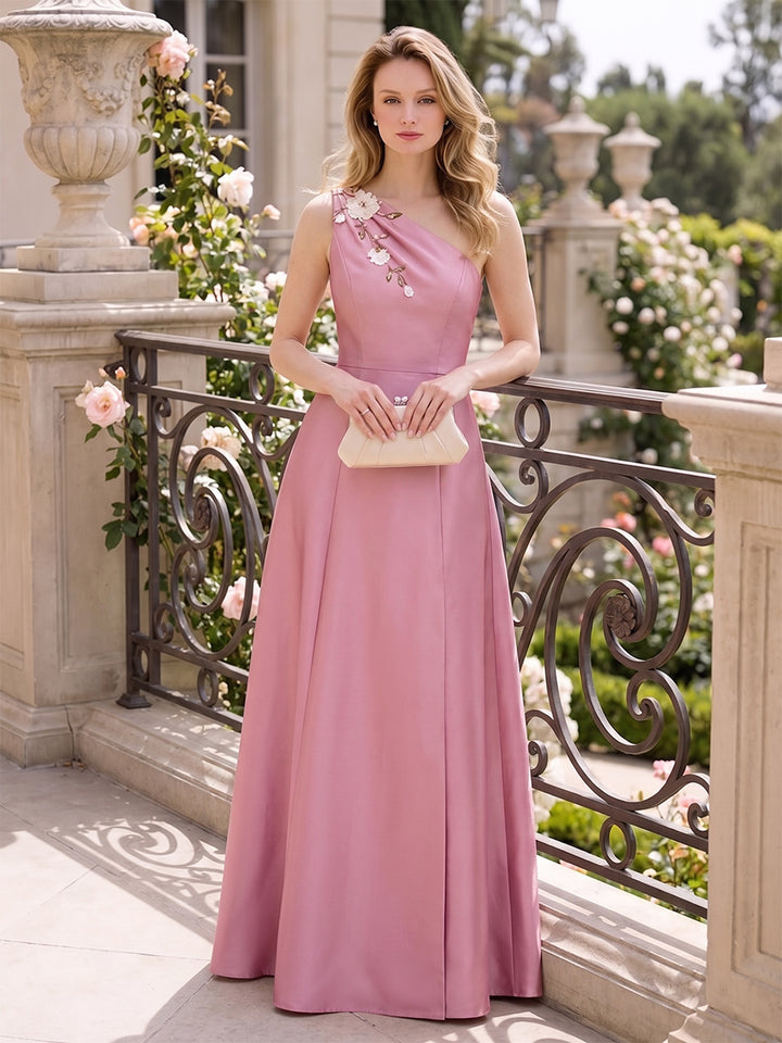 A-Line/Princess One Shoulder Sleeveless Floor-length Mother of the Bride Dresses with Flower