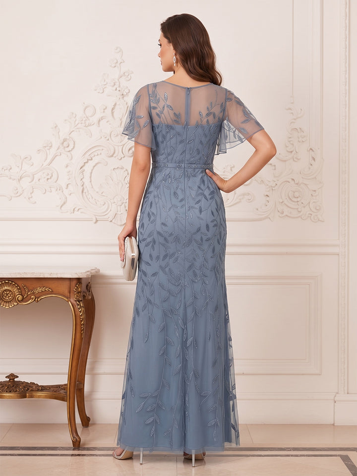 Sheath Column Illusion Neck Flutter Sleeves Floor-Length Mother of the Bride Dresses with Applique &amp; Lace