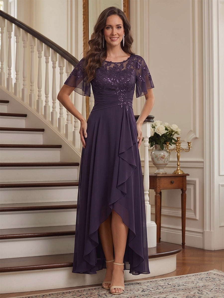 Lavetir A-Line/Princess Scoop Flutter Sleeves Asymmetrical Mother of the Bride Dresses with Sequins & Ruffles 2026