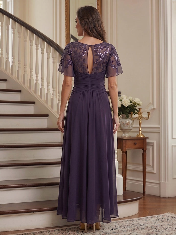 A-Line/Princess Scoop Flutter Sleeves Asymmetrical Mother of the Bride Dresses with Sequins &amp; Ruffles