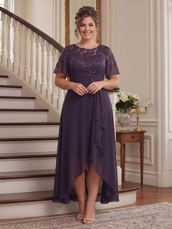 A-Line/Princess Scoop Flutter Sleeves Asymmetrical Plus Size Mother of the Bride Dresses with Sequins &amp; Ruffles